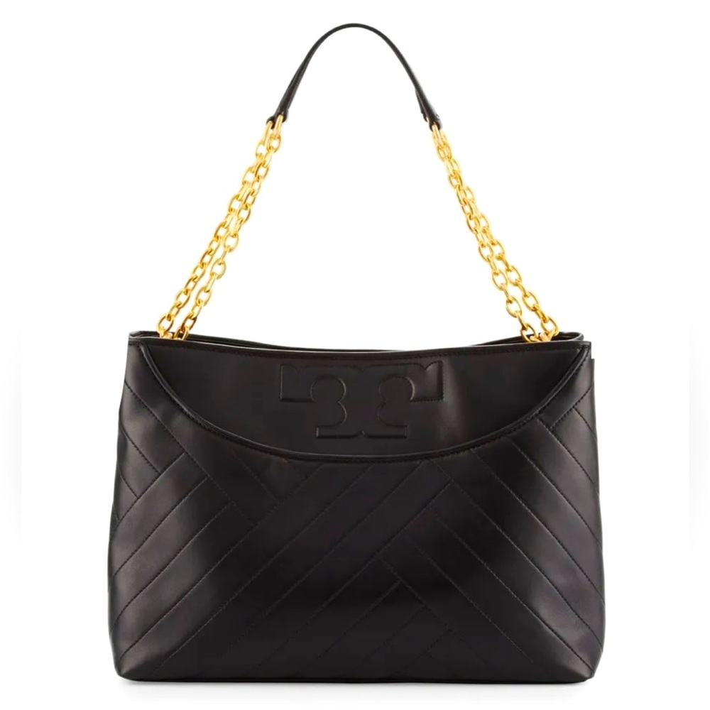 NWT TORY BURCH ALEXA SHOULDER LEATHER HANDBAG TOTE BLACK & GOLD MSRP $598 NEW